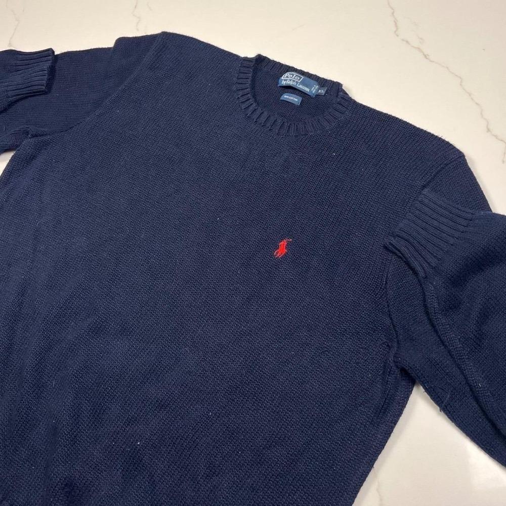 Polo Ralph Lauren Navy Blue Cotton Knit Crew Neck Sweater Mens XL Red Pony Logo
